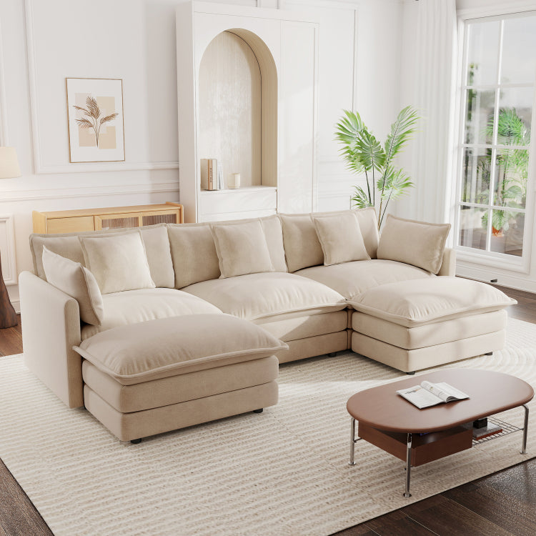 U Shaped Sectional Sofa W Reversible Footrest, 5 Seater Convertible Corner Couch With 2 Ottomans ,Modern Minimalist Soft Sofa & Couch For Living Room , Light Coffee Chenille