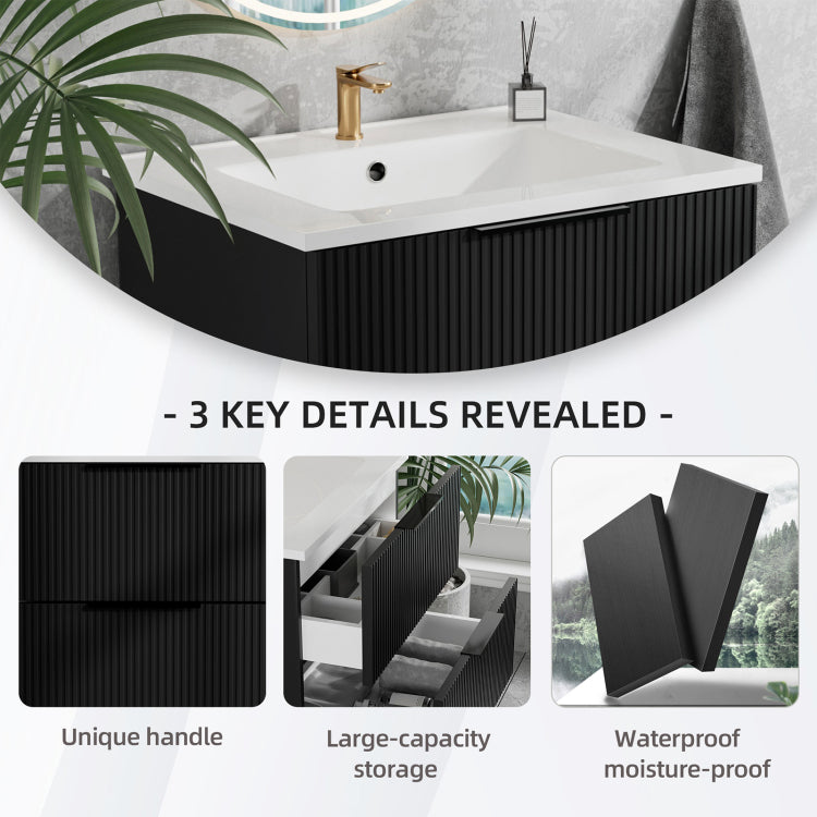 24 Inch Bathroom Vanity Cabinet With Ceramic Sink Black Wall Mounted Floating Fluted Vanity With Drawers, Modern