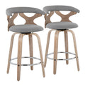 26" Contemporary Fixed Height Counter Stool With Swivel In White Washed Wood And Grey Fabric With Round Chrome Metal Footrest Set Of 2