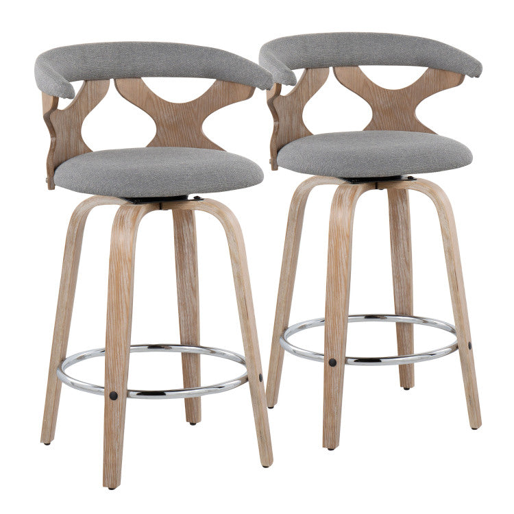 26" Contemporary Fixed Height Counter Stool With Swivel In White Washed Wood And Grey Fabric With Round Chrome Metal Footrest Set Of 2