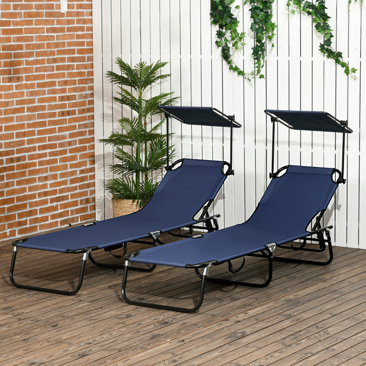 Outsunny Folding Chaise Lounge Pool Chairs, Outdoor Sun Tanning Chairs With Canopy Shade, Reclining Back, Steel Frame And Side Pocket For Beach, Yard, Patio, Dark Blue