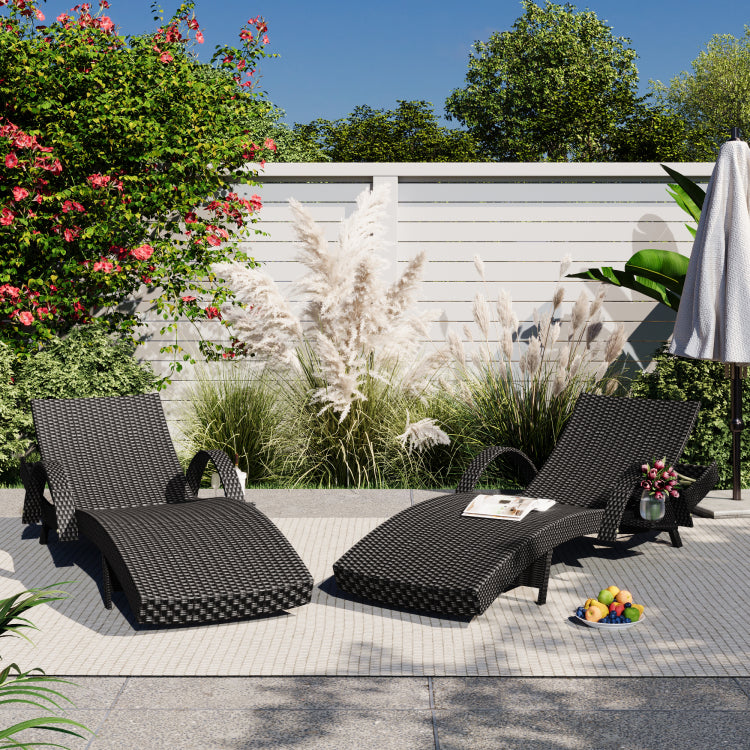 K&K 80'' Outdoor Wicker Chaise Lounge Chairs Set Of 2, Patio Rattan Reclining Chair Pull Out Side Table W 5 Level Adjustable Backrest Ergonomic Wave Design Pool Sunbathing Recliners, Black