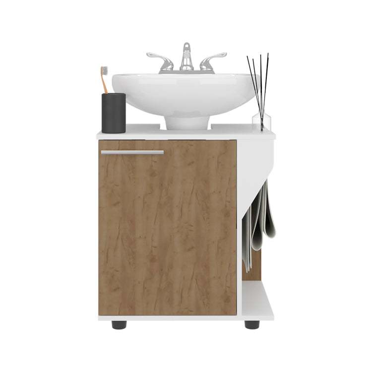 As Crz Under Sink Storage Cabinet For Pedestal Sink, Compact Bathroom Organizer With Side Compartment, White And Natural Oak