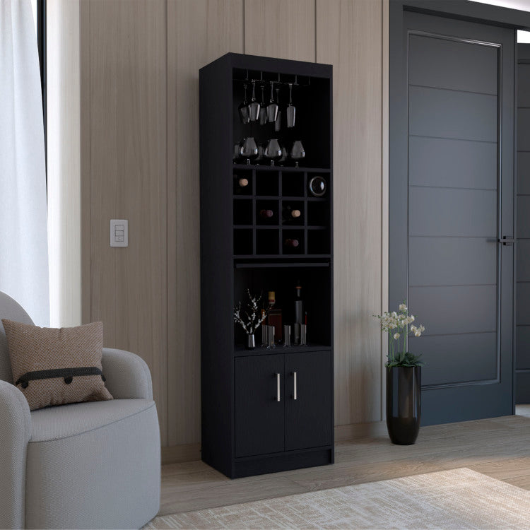 Pisek Bar Cabinet 5 Tier, Wine Cabinet, Liquor Cabinet, 12 Bottle Cubbies, 5 Shelves, Black