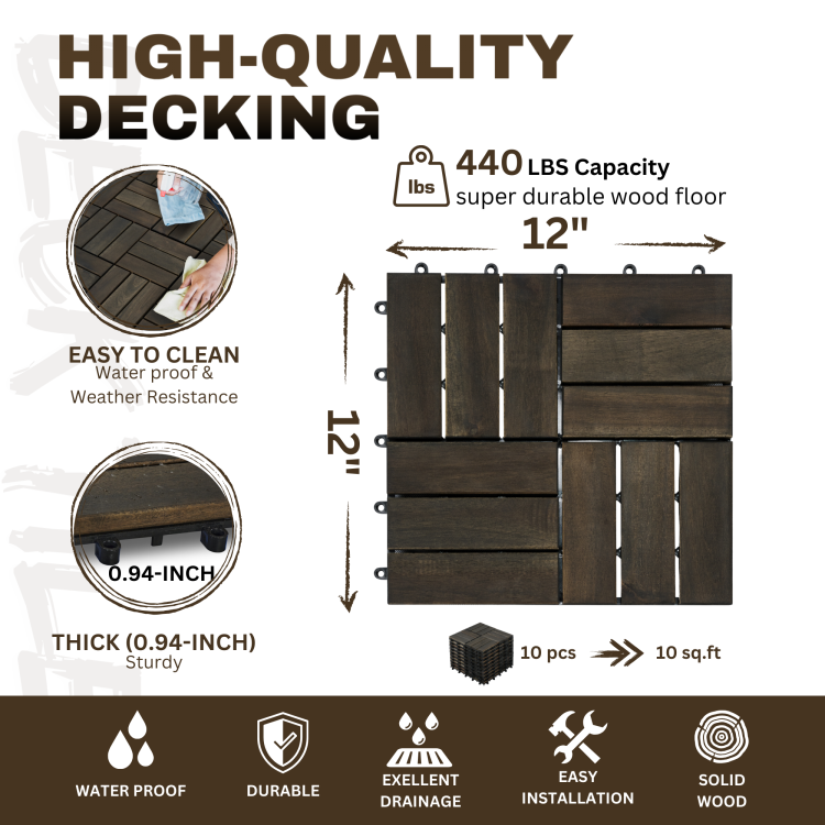 Acacia Wood Interlocking Deck Tiles Checker Pattern, 10Pcs 12" X 12" Square Dark Brown Acacia Hardwood Outdoor Flooring For Patio, Bancony, Pool Side