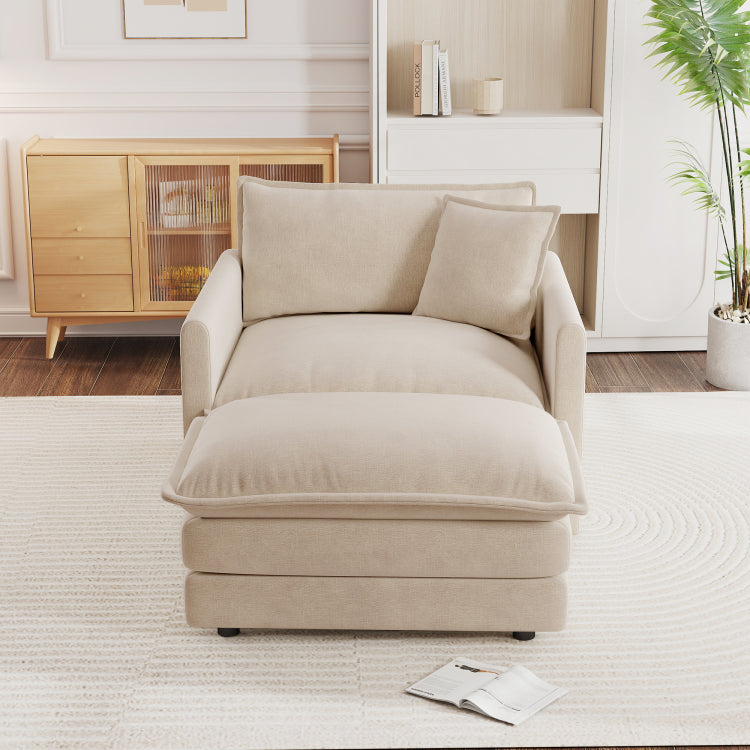 Modern Accent Chair With Ottoman, Living Room Club Chair Chenille Upholstered Armchair , Reading Chair For Bedroom, Light Coffee Chenille
