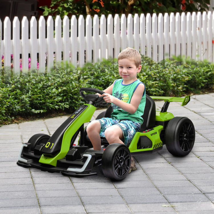 Aosom 24V 7.5 Mph Electric Go Kart With Adjustable Seat, Drifting Car Battery Powered Ride On Toy Outdoor With Slow Start, Button Start, Music, Honking Horn, Lights, For 6 12 Years Old, Green