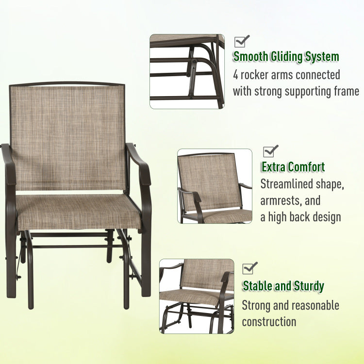 Outsunny 3 Piece Outdoor Glider Chair With Coffee Table Bistro Set, 2 Patio Rocking Swing Chairs With Sling Fabric, Glass Tabletop, For Backyard, Garden And Porch, Mixed Brown