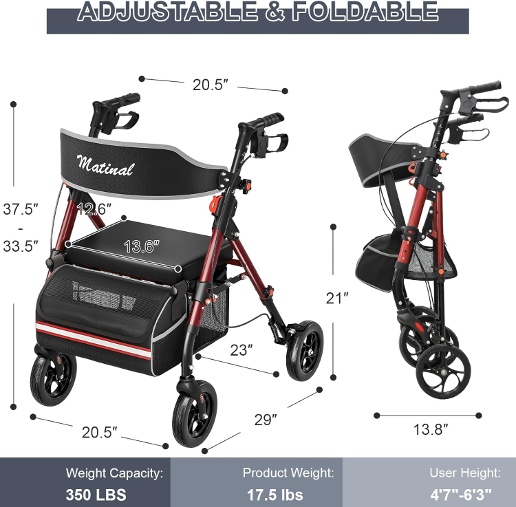 Matinal Foldable Rollator Walkers With Seat For Seniors, 350 Lb Capacity, 8'' Big Wheels, 6 Position Height, Premium Hybrid Rolling Walker Aluminum And Carbon Steel Burgundy