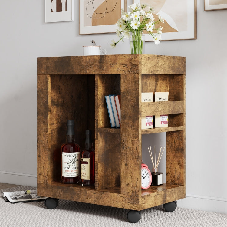 Mid Century Modern Style Movable Side Cabinet For Sofa, Household Brown Trolley Storage Locker And Shelf For Living Room