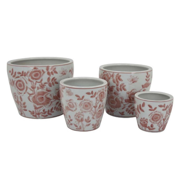 Kerry Accent Planter Pot Set Of 4, Pink Floral Pattern, White Ceramic