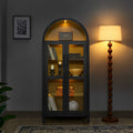 A High Arched Storage Cabinet With A Lamp, A Modern Retro Style Wooden Storage Cabinet With Adjustable Glass Partitions, Suitable For Use As A Multi Functional Cabinet In Kitchens Black