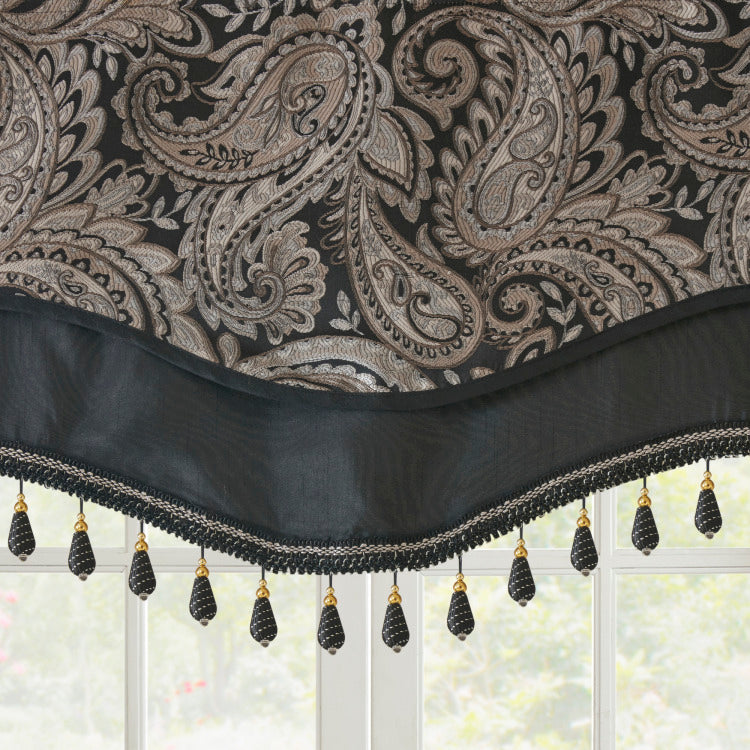 Jacquard Window Rod Pocket Valance With Beads Black 50X18"