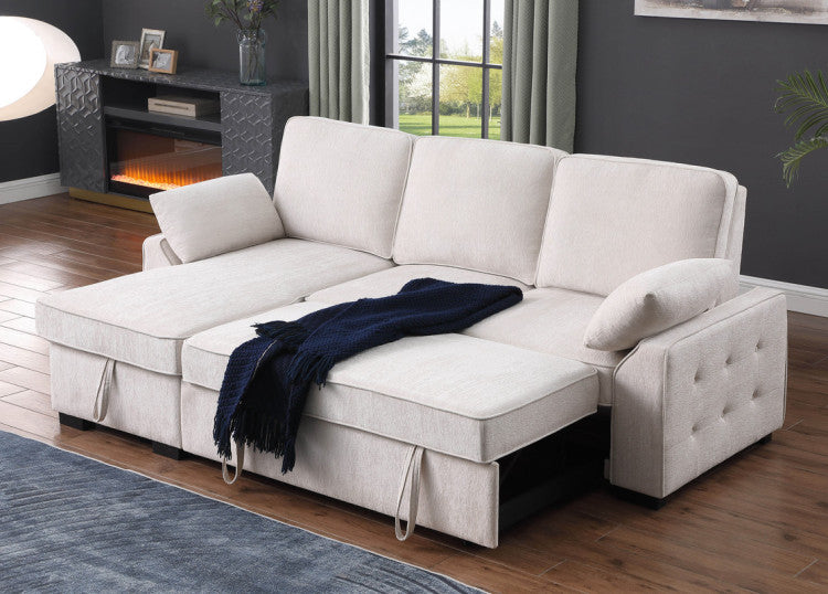 Marcello 91"W Beige Chenille Fabric Reversible Sleeper Sectional With Storage Chaise, Drop Down Table, Cup Holders And Charging Ports