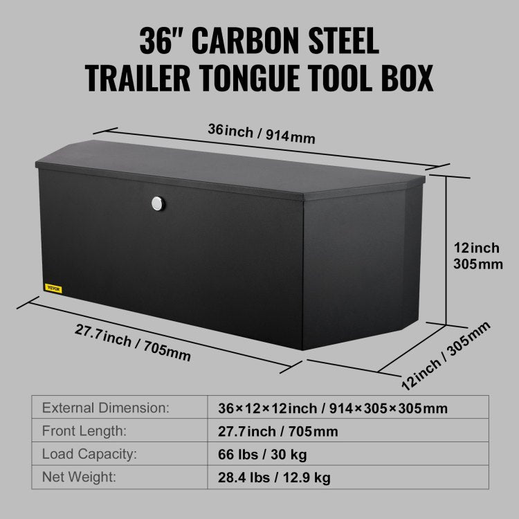 Trailer Tongue Box, Carbon Steel Tongue Box Tool Chest, Heavy Duty Trailer Box Storage With Lock And Keys, Utility Trailer Tongue Tool Box For Pickup Truck Bed, Rv Trailer, 36"X12"X12"