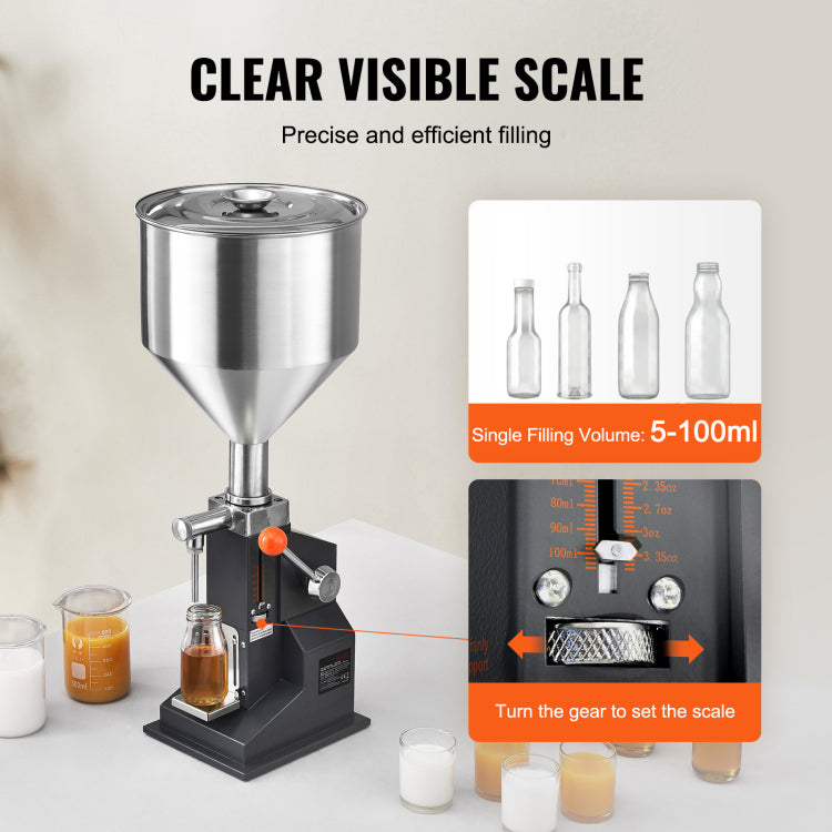 Manual Paste Liquid Filling Machine, 5 100Ml Bottle Filler, Adjustable Bottle Filling Machine, Stainless Steel Liquid Filler With Hopper For Milk Water Juice Essential Oil Shampoo Cosmetic Honey