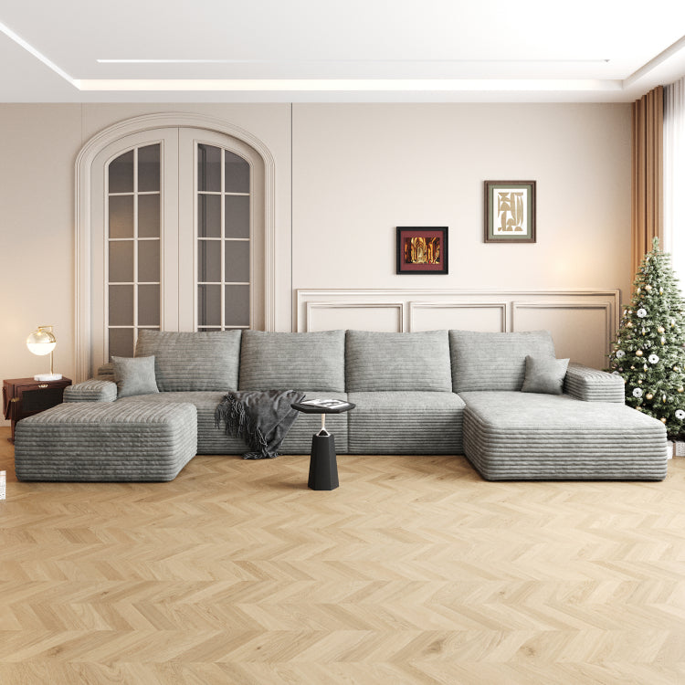 135" Cloud Sectional Sofa With 1 Ottoman,Modern Minimalist Upholstered Couches, Comfort U Shaped Sofa For Living Room,Deep Seat Corner Couch,No Assembly Required ,Grey Plush Corduroy Fabric