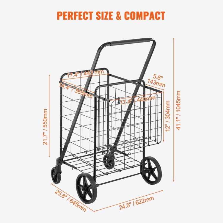 Folding Shopping Cart, Jumbo Grocery Cart With Double Baskets, 360 Swivel Wheels, Heavy Duty Utility Cart, 110 Lbs Large Capacity Utility Cart For Laundry, Shopping, Grocery, Luggage