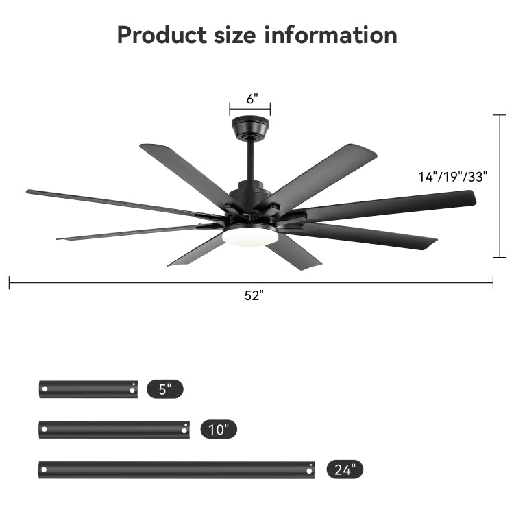 Modern 52 Inch Smart ,6 Wind Speed,With 8 Black Abs Blades,Voice Remote,Fan For Bedroom,Living Room,Patio,Kitchen,Etc