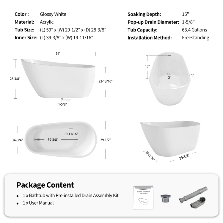 60" Acrylic Freestanding Bathtub, Stylish Deep Soaking Bathtub With Pop Up Drain & Integrated Overflow, Contemporary Stand Alone Bath Tub For Bathroom Spa Or Home Upgrade, Glossy White Gf 26A04 60