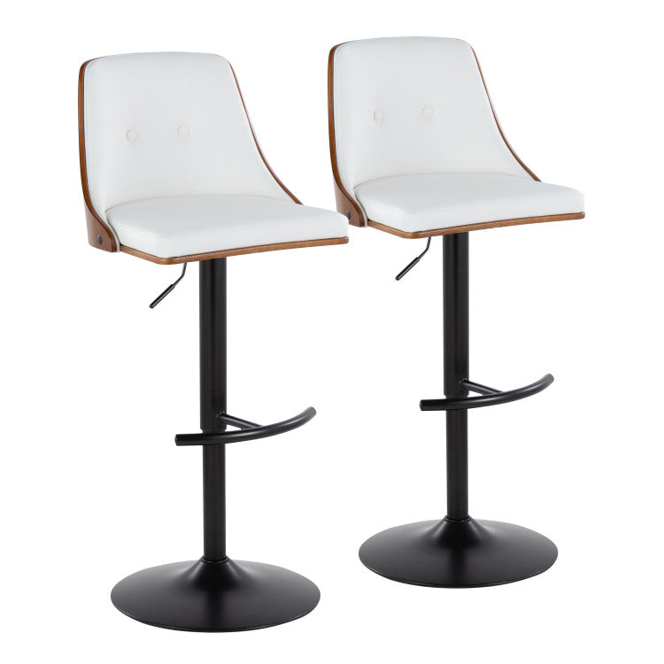 Mid Century Modern Adjustable Barstool With Swivel In Black Metal, Walnut Wood And White Faux Leather With Rounded T Footrest Set Of 2