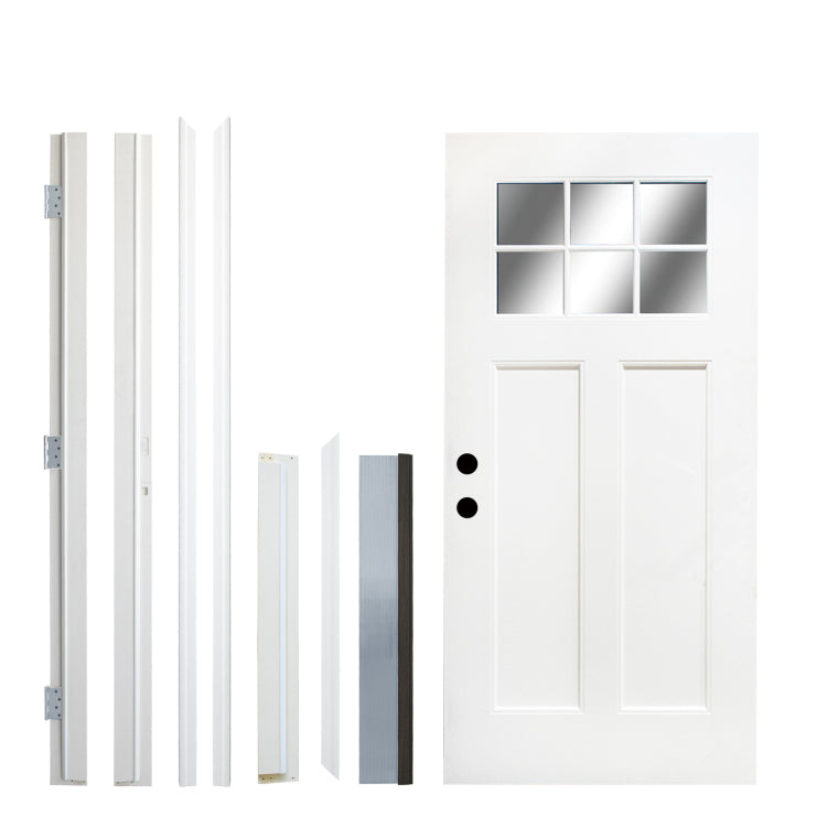 Fiberglass Entry Door, 36'' X 80" Door With Brickmould,4 9 16 Vinyl Frame,White Primed, Right Hand Inswing, Front Entry Knock Down Door, 2 Panel Craftsman, 6 Lite Low E Glass