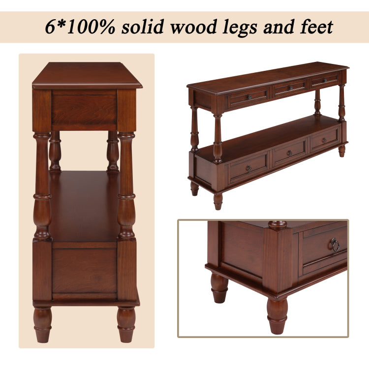 Solid Wood Console Table With 6 Drawers And Shelf, Vintage 54'' 2 Tier Wood Couch Foyer Table For Living Room, Hallway, Entrance Cherry