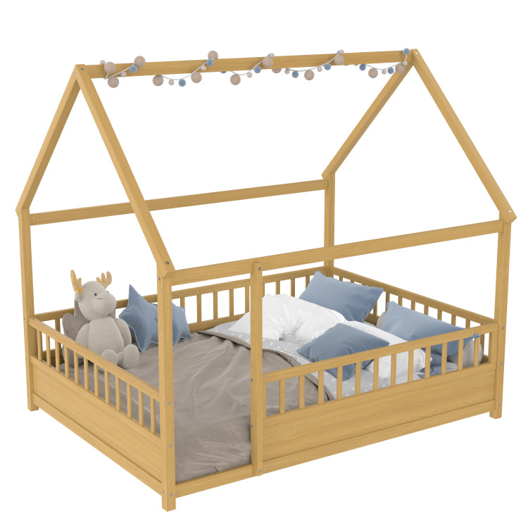 Full Size Floor Wooden Bed With House Roof Frame, Fence Guardrails Full,Natural