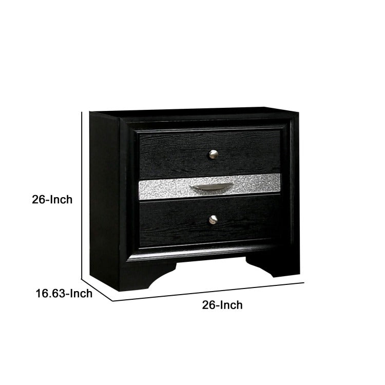 Nightstand With Silver Trim Accent And 1 Jewelry Drawer, Black