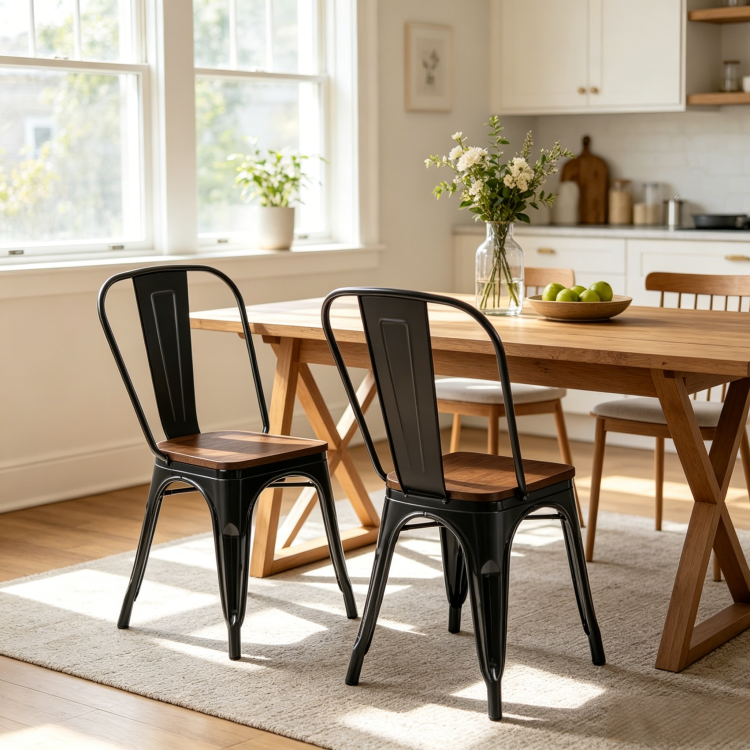 Set Of 2 High Gloss Black With Walnut Wooden Seat Industrial Metal Dining Chairs 18 Inch Seat Height Stackable, Indoor Outdoor, Lightweight Easy Clean Surface, Easy Assembly, Durable Modern Design