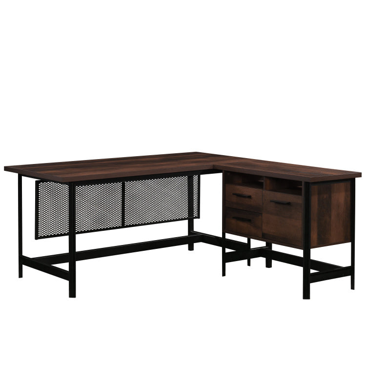 Industrial L Shaped Computer Desk, Brown Finish