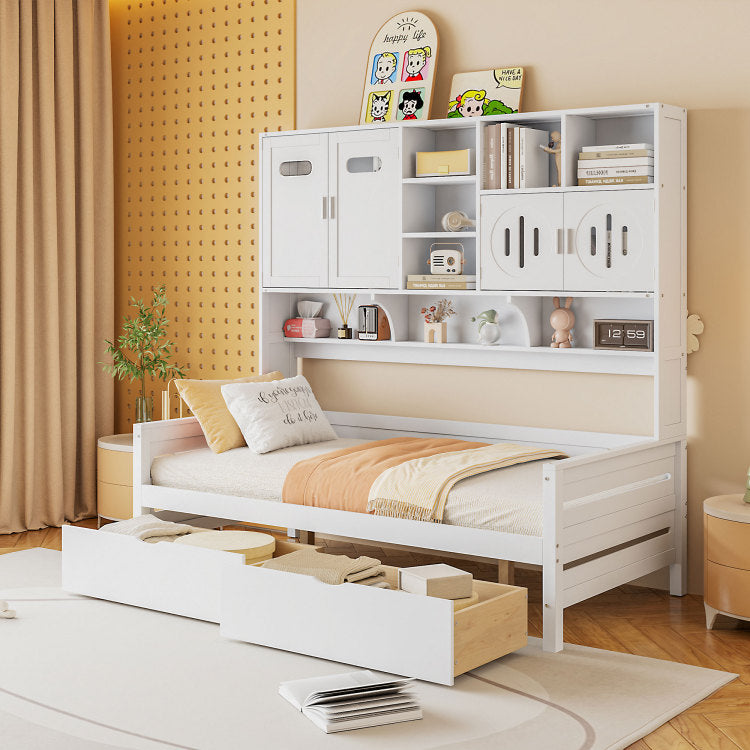 Twin Size Wooden Daybed With 2 Drawers, And All In One Cabinet And Shelf, White