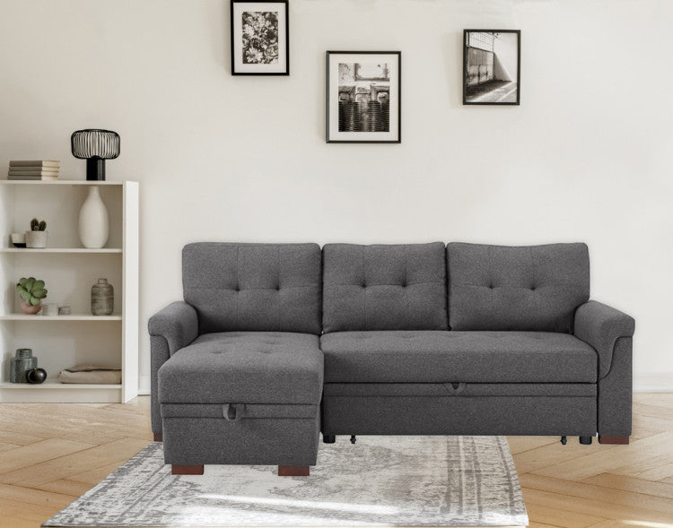 Sierra 84" Dark Gray Linen Reversible Sleeper Sectional Sofa With Storage Chaise