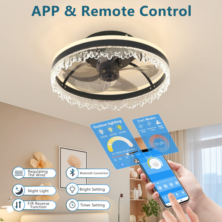 Modern Led With Light 16'' Dimmable Ceiling Light With Invisible Blades And Crystal Design, Remote Control & Adjustable Color Temperature, Quiet Fan For Bedroom, Living Room,Black