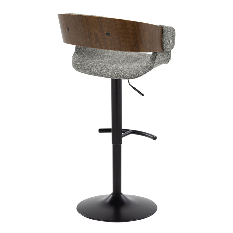 Elisa Mid Century Modern Adjustable Barstool With Swivel In Black Metal, Walnut Wood And Grey Fabric With Rounded T Footrest By Set Of 2