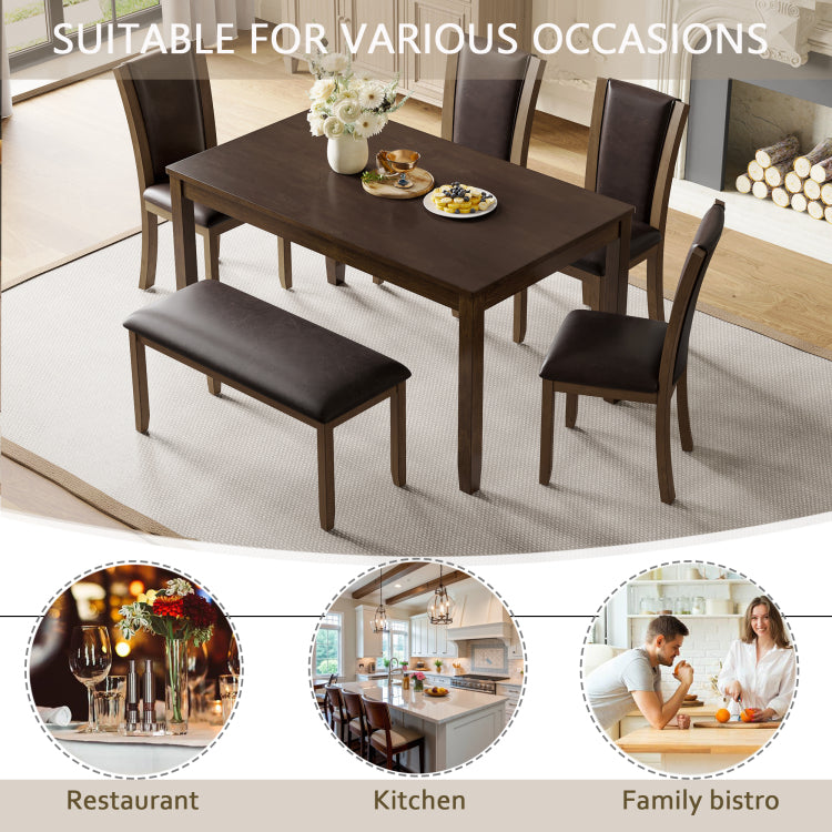 6 Piece Dining Table Set With Bench And Chairs, Wooden Dining Table Set For 6 People, Farmhouse Rustic Style 6 Person Dining Table Set For Dining Room, Kitchen, Dark Walnut