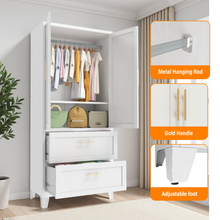 71" Tall Metal Wardrobe Cabinet With 2 Drawers And Hanging Rod, 2 Doors Wardrobe Closet With Shelf For Bedroom, Office, Laundry Room,Entryway ,Foyer,Guesthouse White