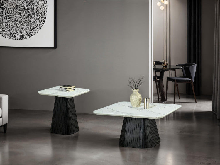 Contemporary Style Square Coffee Table Faux Marble Top Reeded Drum Base Black Finish Primary Living Room