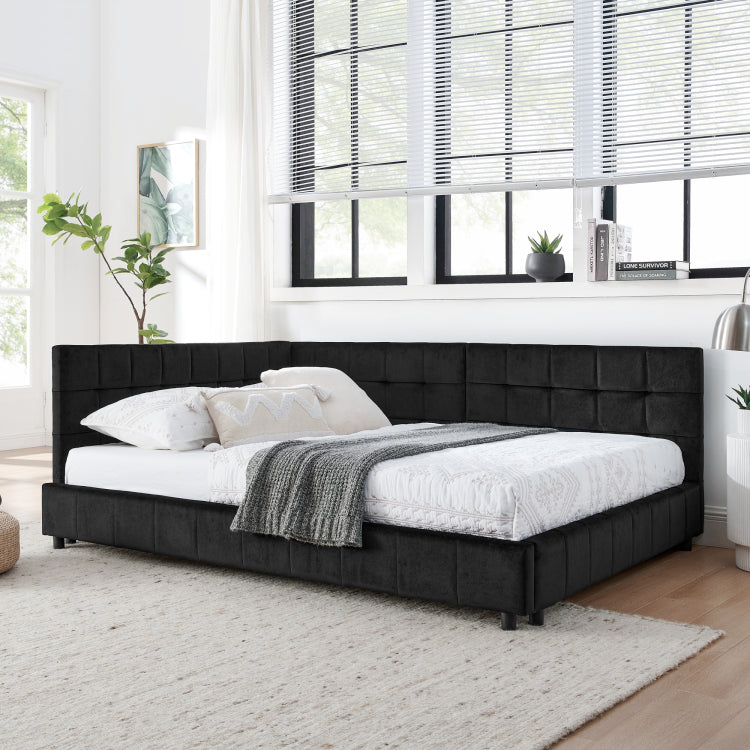 Full Size Upholstered Tufted Bed Frame, Sofa Bed Frame With Comfortable Backrest And Armrests, Full Size Bed For Bedroom, Living Room,Velvet, Black 80.5''*59''*30.5''