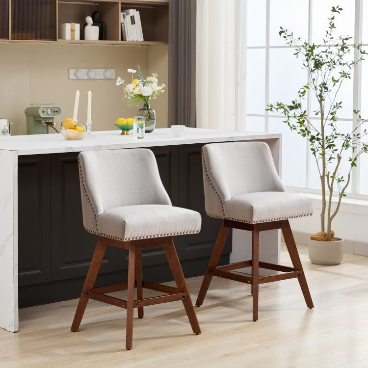 Counter Height Swivel Barstools, 26'' H Seat Height Upholstered Bar Stools Set Of 2, Fabric In Ivory