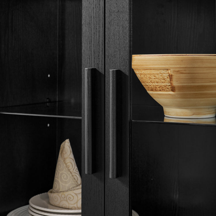 A High Arched Storage Cabinet With A Lamp, A Modern Retro Style Wooden Storage Cabinet With Adjustable Glass Partitions, Suitable For Use As A Multi Functional Cabinet In Kitchens Black