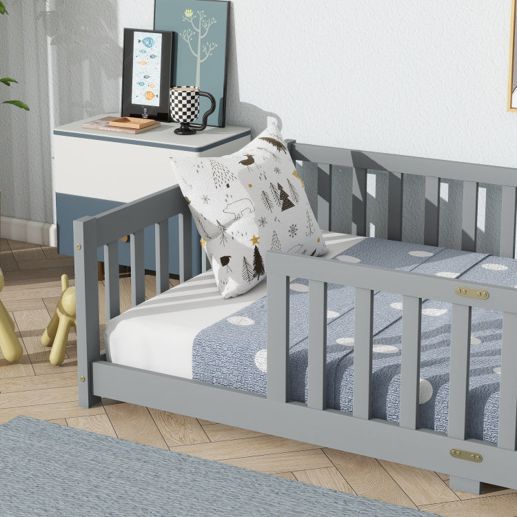 Twin Size Floor Bed With Fence Without Door, Rubber Wood Floor Bed With Safety Guardrails,Grey