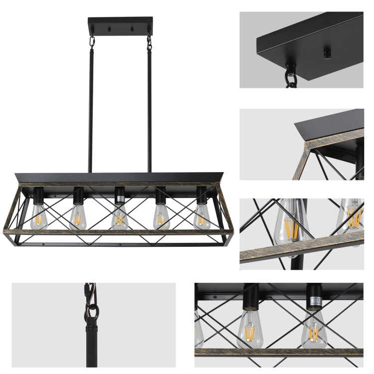 32" Black Gold Industrial 5 Light Pendant Chandelier, Modern Metal Cage Design, Adjustable Hanging Light For Dining Room, Kitchen, Living Room No Bulbs