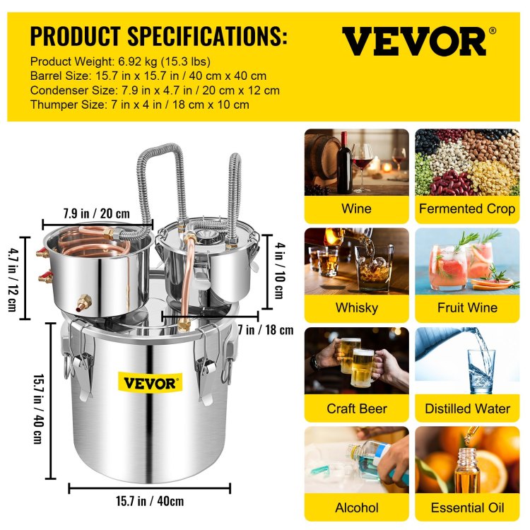 Alcohol Still, 13.2Gal 50L Stainless Steel Water Alcohol Distiller Copper Tube Home Brewing Kit Build In Thermometer For Diy Whisky Wine Brandy, Silver