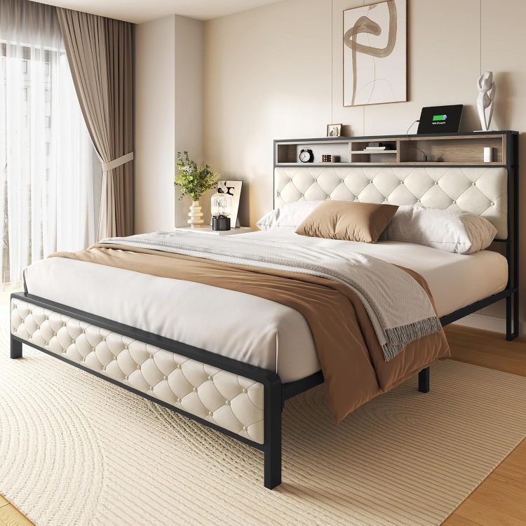 Queen Size Bed Frame, Platform Bed Frame With Charging Station, Upholstered Storage Headboard & Footboard Metal Slats Supports Mattress Foundation, No Box Spring Needed, Beige No Drawers