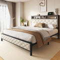 Queen Size Bed Frame, Platform Bed Frame With Charging Station, Upholstered Storage Headboard & Footboard Metal Slats Supports Mattress Foundation, No Box Spring Needed, Beige No Drawers
