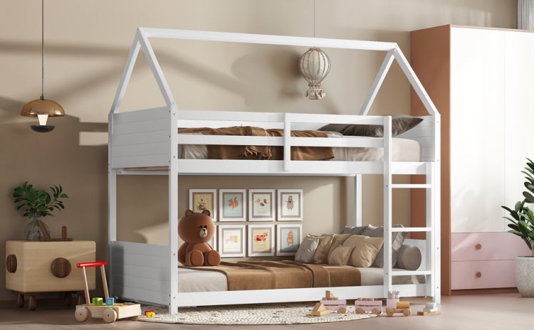Twin Over Twin House Floor Bunk Bed With Headboards, Footboards And Guardrails, Ladder, Rubber Wood Bunk Bed With Safety Guardrails,White