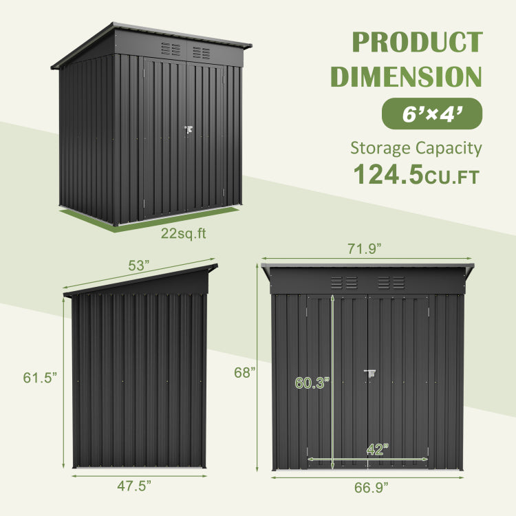 6 X 4 Ft Outdoor Storage Shed, All Weather Tool Shed For Garden, Backyard, Lawn, Black