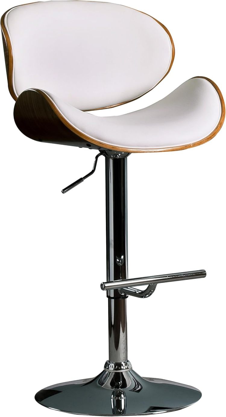 Modern Contemporary Swivel Walnut Bentwood Lift Adjustable Height Bar Stool With Curved Seat And Back White