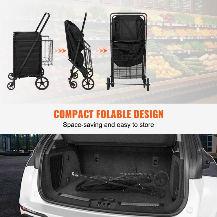 Folding Shopping Cart With Removable Waterproof Liner, 330Lbs Large Capacity Jumbo Grocery Cart With Dual Basket, 360 Swivel Wheels, Dense Metal Mesh Base, Heavy Duty Utility Cart For Shopping